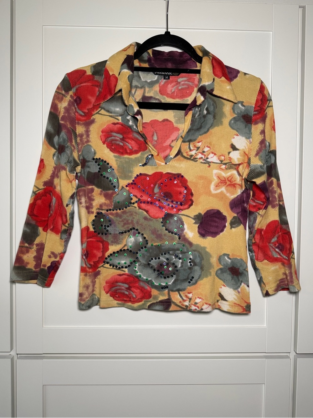 Vintage Natura Floral Ribbed Sequins Embellished Half Sleeve Crop Top Fairy Boho